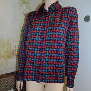 Oscar de la Renta Express Blouse Houndstooth Inverted Pleat Back Preppy Classic
